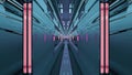 Pink lamps in reflective turquoise hallway 4K UHD 3D illustration