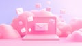 Pink laptop with floating email icons in cloud environment Royalty Free Stock Photo