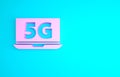 Pink Laptop with 5G new wireless internet wifi icon isolated on blue background. Global network high speed connection