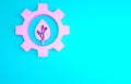 Pink Leaf plant ecology in gear machine icon isolated on blue background. Eco friendly technology. World Environment day Royalty Free Stock Photo