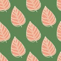 Pink leaf silhouettes seamless pattern. Foliage abstract outline shapes on green background Royalty Free Stock Photo