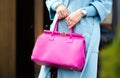 Pink leather bag in female hands. Stylish modern and feminine image, style. Bag close up Royalty Free Stock Photo