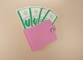 Pink leather wallet with dollars Banknote. 3d render with pink purse and cash on beige backgroung. 3D rendering style. Business Royalty Free Stock Photo