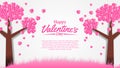 Pink leaves flower sakura heart shape paper cut style illustration for valentine`s day greeting card template