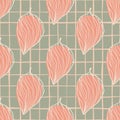 Pink leaves silhouettes seamless pattern. Hnad drawn abstract botanic ornament on grey chequred background