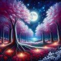 The pink leaves trees in a magical forest, with red flowers, magical lights arounds, moonlit, bright stars in sky, oil painting Royalty Free Stock Photo