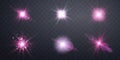 Pink lens flares set. Sun flash with rays or spotlight and bokeh. Isolated on transparent background. Glow flare light