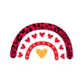 Pink leopard Valentines Day vector rainbow. Cartoon rainbow red hearts.