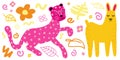Pink leopard yellow lama cartoon vector style kit, Flat set Isolated on white, Summer childish kids party design elements Royalty Free Stock Photo