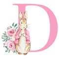 Pink letter D with watercolor peter rabbit and flowers