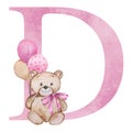 Pink letter D with watercolor teddy bear