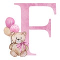 Pink letter F with watercolor teddy bear