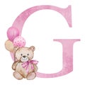Pink letter G with watercolor teddy bear