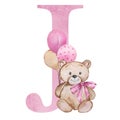 Pink letter J with watercolor teddy bear