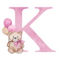 Pink letter K with watercolor teddy bear