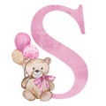 Pink letter S with watercolor teddy bear