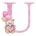 Pink letter U with watercolor teddy bear