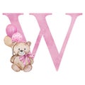 Pink letter W with watercolor teddy bear