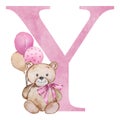 Pink letter Y with watercolor teddy bear
