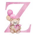 Pink letter Z with watercolor teddy bear