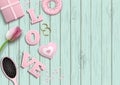 Pink letters LOVE, romantic motive, inspired by flat lay style, illustration