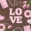 Pink letters LOVE, romantic motive, inspired by flat lay style, illustration