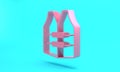 Pink Life jacket icon isolated on turquoise blue background. Life vest icon. Extreme sport. Sport equipment. Minimalism