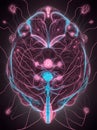 Pink and light blue illuminated lines in brain shape