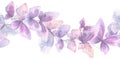 Pink, lilac and blue butterflies, gentle, airy, flying. Watercolor illustration. Seamless border on a white background