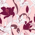 Pink lily seamless pattern design. Botanical hand-drawn flowers. Summer bloom, floral beauty decoration, nature background