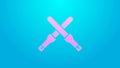 Pink line Marshalling wands for the aircraft icon isolated on blue background. Marshaller communicated with pilot before