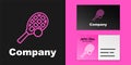 Pink line Tennis racket with ball icon isolated on black background. Sport equipment. Logo design template element Royalty Free Stock Photo