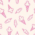 Pink Linework Hand-Drawn Felt Tip Marker Melting Ice Cream Cones and Scoops Vector Seamless Pattern Royalty Free Stock Photo