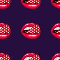 Pink lips seamless pattern on a background.