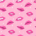 Pink lips seamless pattern. Female sexy lipstick. Woman lip with makeup, tongue and white teeth, cartoon vector isolated