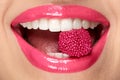 Pink Lips. Woman With Candy In Mouth.