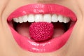 Pink Lips. Woman With Candy In Mouth.