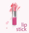 Pink lipstick with a beautiful watercolor background . Beauty and cosmetics background. Template Vector