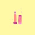 Pink lipstick. Female beauty makeup element on yellow background poster or card. Trendy glamour print. Shiny gloss cosmetic,