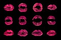 Pink lipstick kiss print set black background isolated close up, red sexy lips mark makeup collection, neon light female kisses Royalty Free Stock Photo