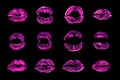 Pink lipstick kiss print set black background isolated closeup, neon purple sexy lips mark makeup collection, red female kisses