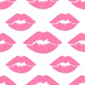 Pink lipstick kiss seamless pattern. Lip prints, Vector illustration.