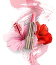 Pink lipstick and Red tropical flowers Hibiscus. Beauty and cosmetics background. Template Vector.