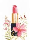 Pink lipstick in style of black and gold, with the flowers, watercolor fashion illustration