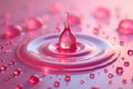 Pink liquid drop impacting a surface creating concentric ripples and many smaller droplets. Generative AI Royalty Free Stock Photo