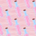 Pink liquids in blue bottle seamless pattern. Striped pink backround. Antidote magic backdrop Royalty Free Stock Photo