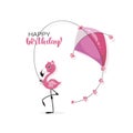 Pink little flamingo. Air Kite. Happy Birthday. Lettering. Greeting card. Makar Sankranti festival. Royalty Free Stock Photo