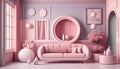 Pink living room interior. Home background furniture 3d rendering of minimalist architecture modern house wall Royalty Free Stock Photo