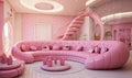 Photo of a vibrant pink living room with a stunning spiral staircase