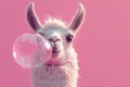 Pink llama blowing bubble gum on pink background Royalty Free Stock Photo